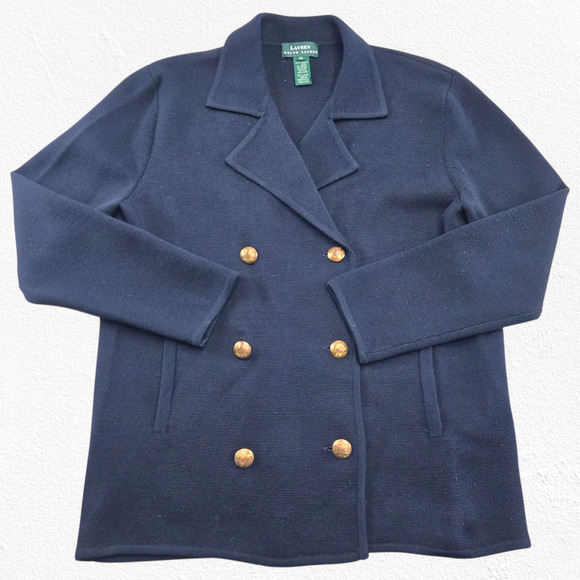 Vintage Lauren Ralph Lauren Navy Merino Wool Double Breasted Blazer Size Medium - Picture 1 of 7